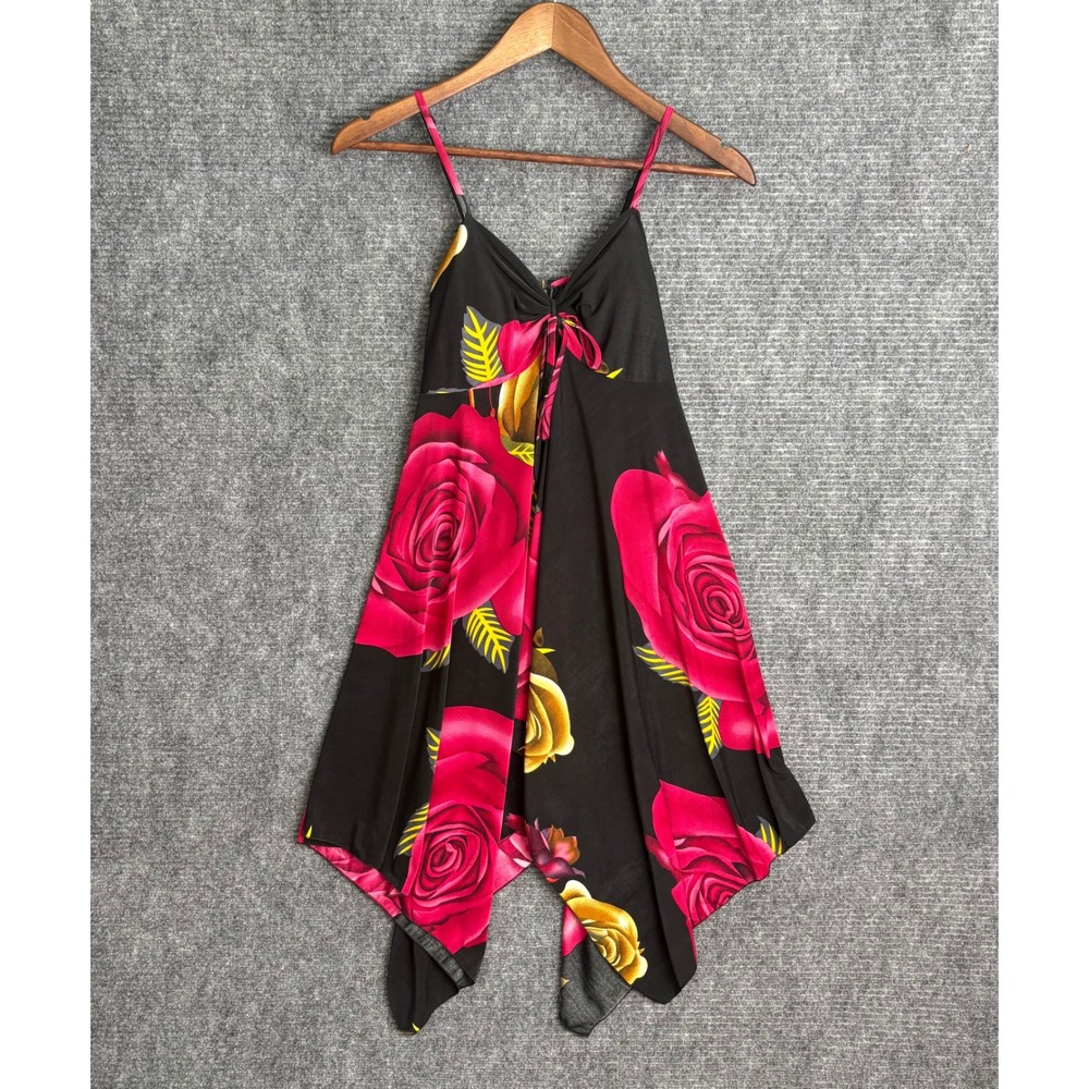 Floral Rose Print Handkerchief Hem Silk Blend Dress Black Pink Yellow Medium